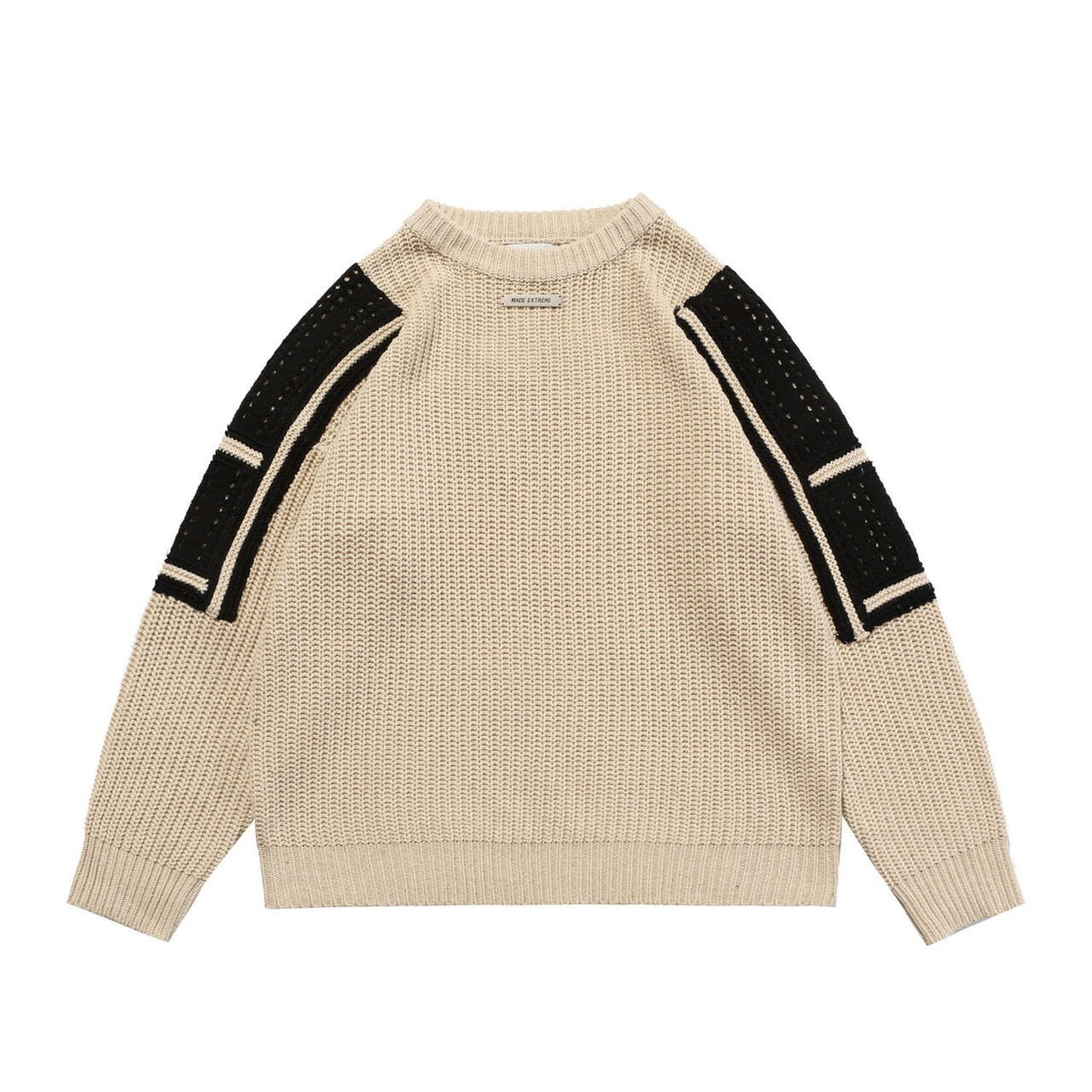 Patch-Knit Crewneck Sweater Men’s Unisex Khaki Black Patchwork Knitted Pullovers Men Women Streetwear Casual Loose Color Matching O-Neck Mesh Sweaters Trend for Man In Khaki